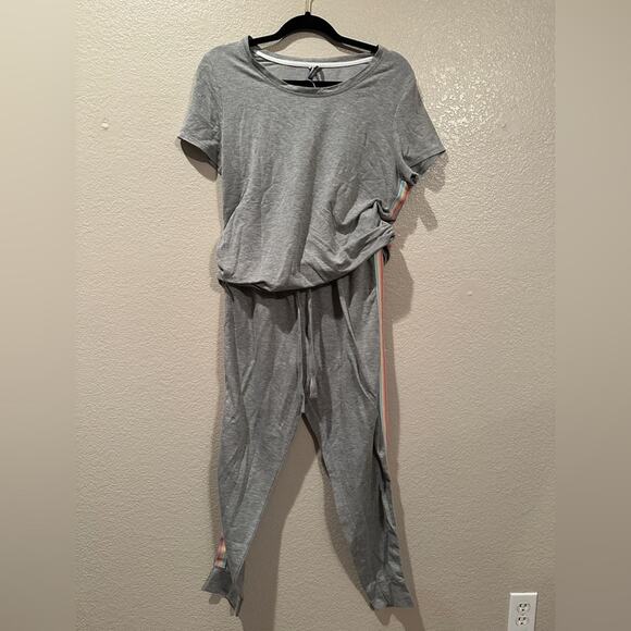 Jacklyn Intimates Rainbow Stripped Jogger and Rusched Tee shirt set sz L - Picture 1 of 7